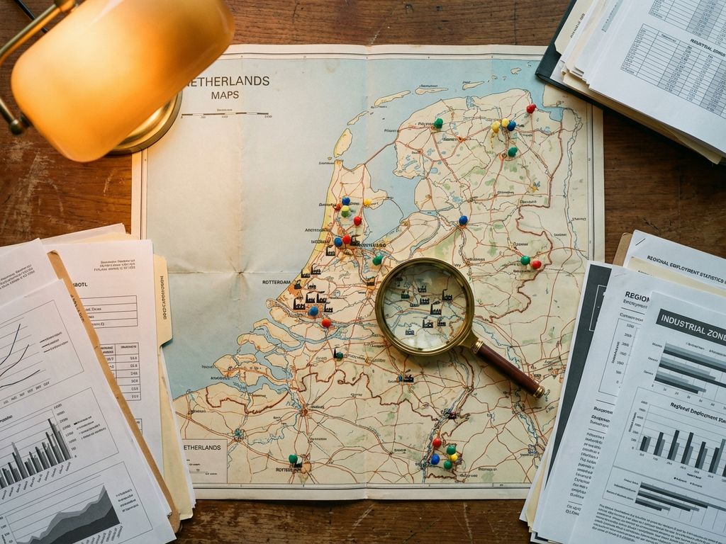 Kaart van Nederland op bureau met gekleurde punaises per regio, vergrootglas over industriegebieden, werkstatistieken