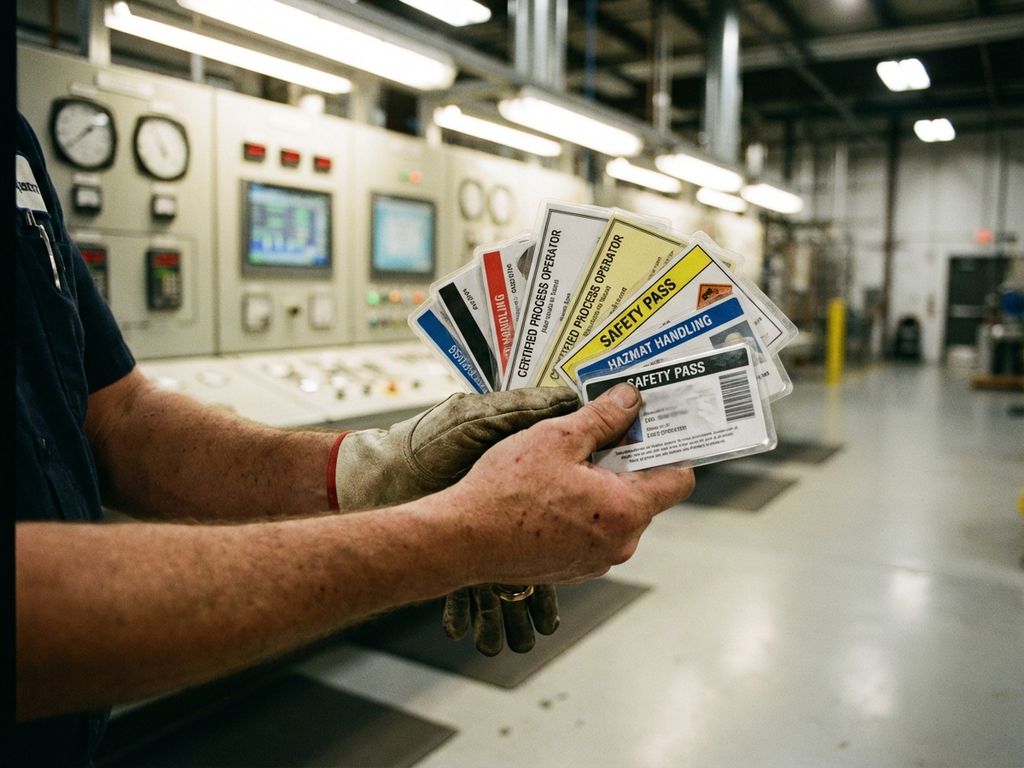 Procesoperator toont professionele certificaten en veiligheidskaarten met industriële controlepaneel op achtergrond