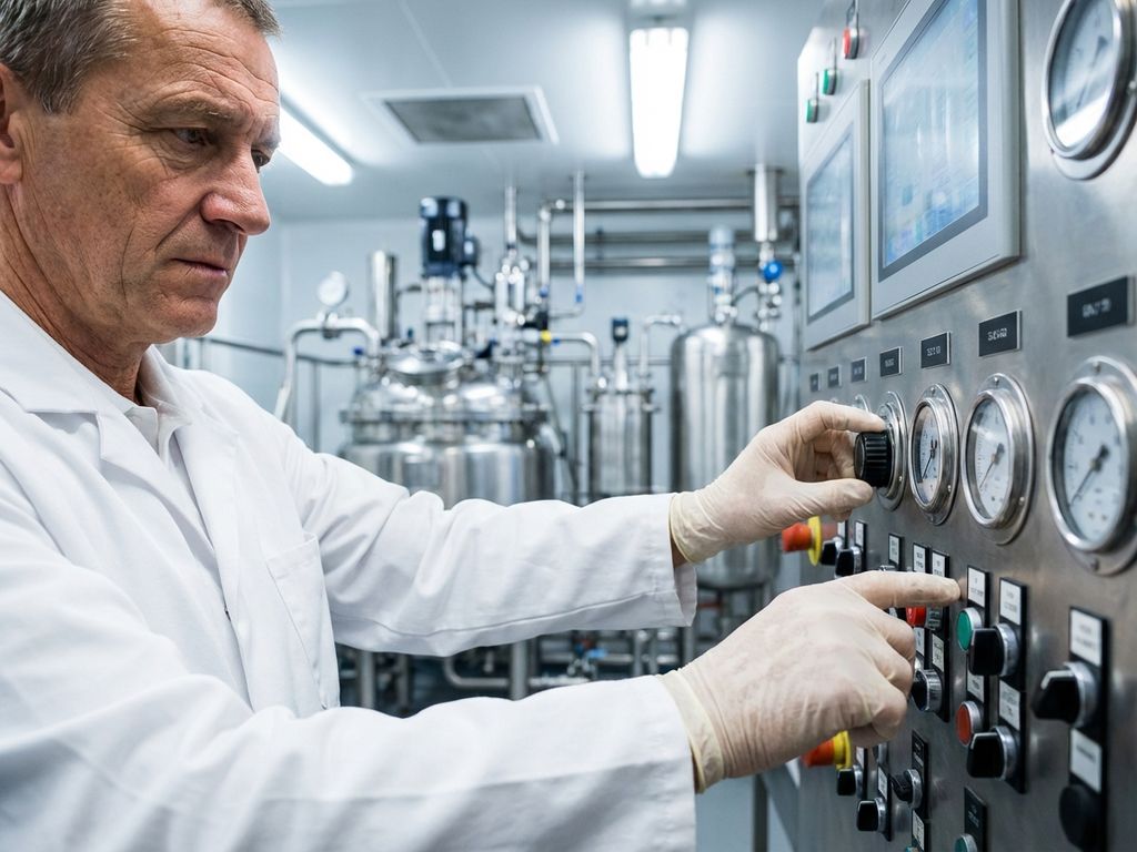 Procesoperator in laboratoriumjas bedient industriële controlepanelen in moderne chemische verwerkingsfaciliteit