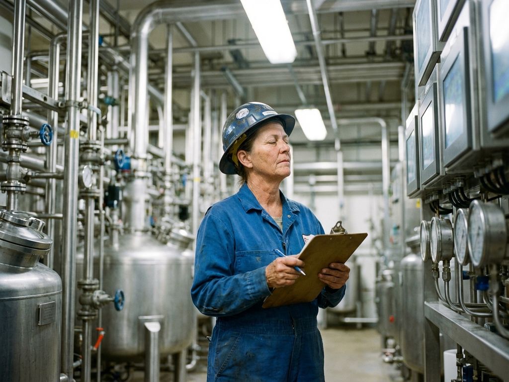 Procesoperator in blauwe overall controleert industriële apparatuur en meters in chemische verwerkingsfaciliteit