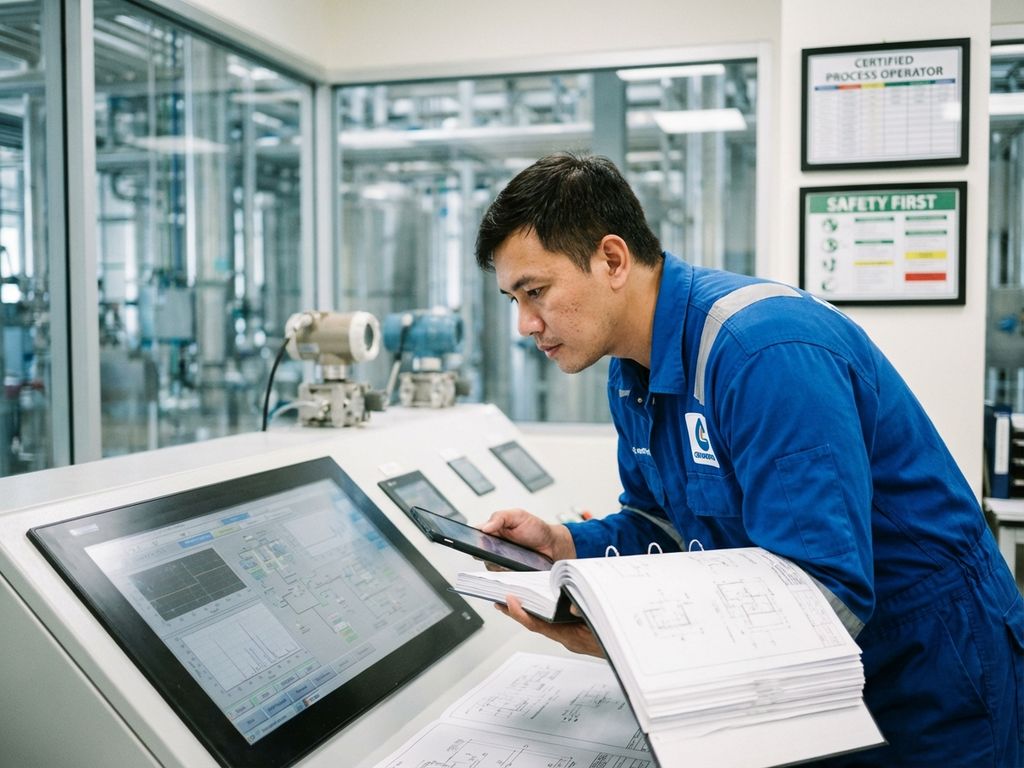 Procesoperator in industriële kleding bestudeert technische documentatie bij controlepaneel in chemische fabriek