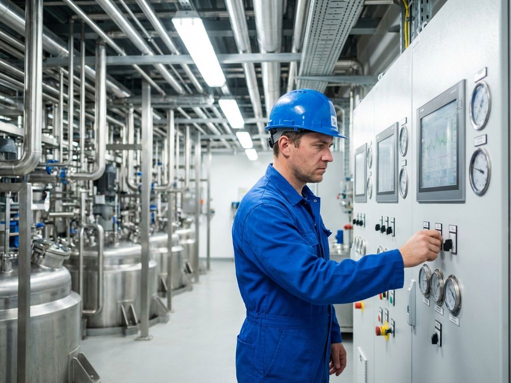 Procesoperator in blauwe overall controleert industriële bedieningspanelen in moderne chemische verwerkingsfaciliteit