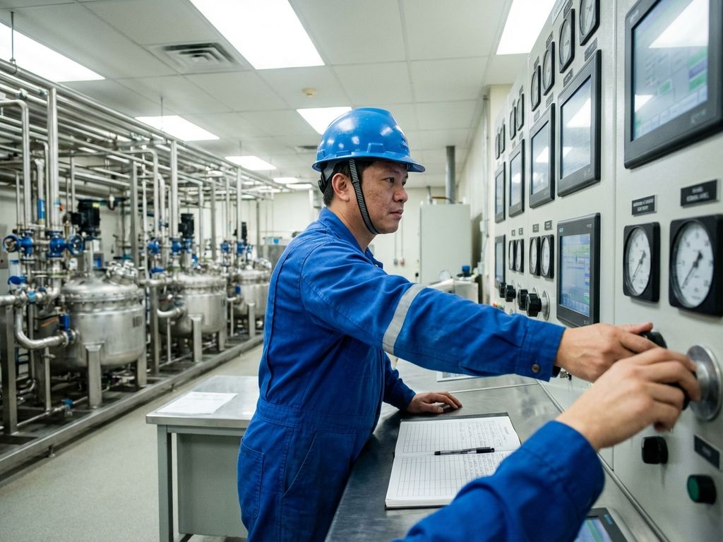 Procesoperator in blauwe overall bedient controlepanelen in moderne chemische fabriek met digitale displays en buizen