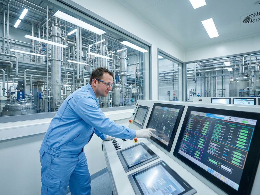Procesoperator monitort controleschermen en meters in moderne chemische verwerkingsfaciliteit met industriële apparatuur