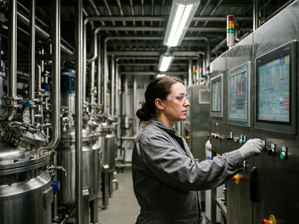 Procesoperator bedient controlepanelen en digitale displays in moderne chemische verwerkingsfaciliteit