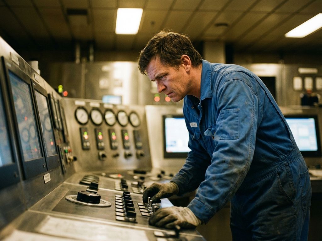 Procesoperator in blauwe overall bedient bedieningspanelen en meters in moderne chemische fabriek controlekamer