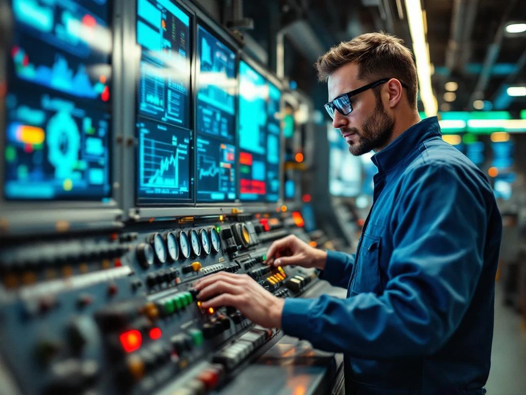 Procesoperator in veiligheidskleding bedient controlepaneel met meters en schermen in industriële controlekamer