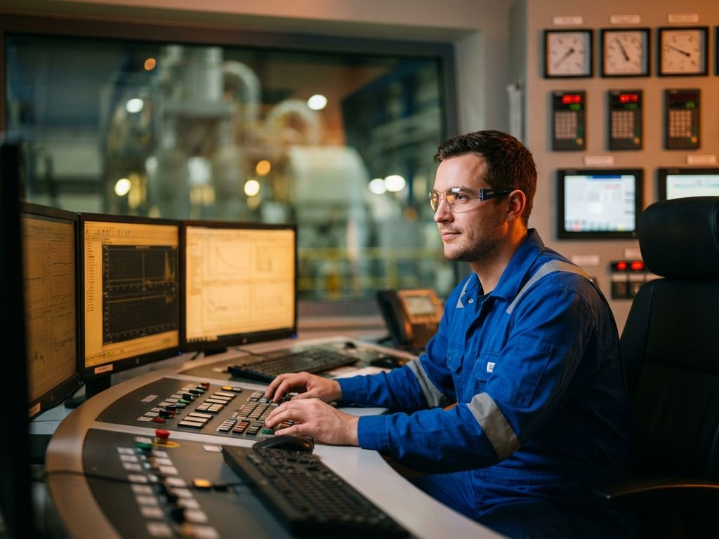 Procesoperator in blauwe werkkleding bedient controlepanelen in moderne industriële controlekamer met verlichte schermen