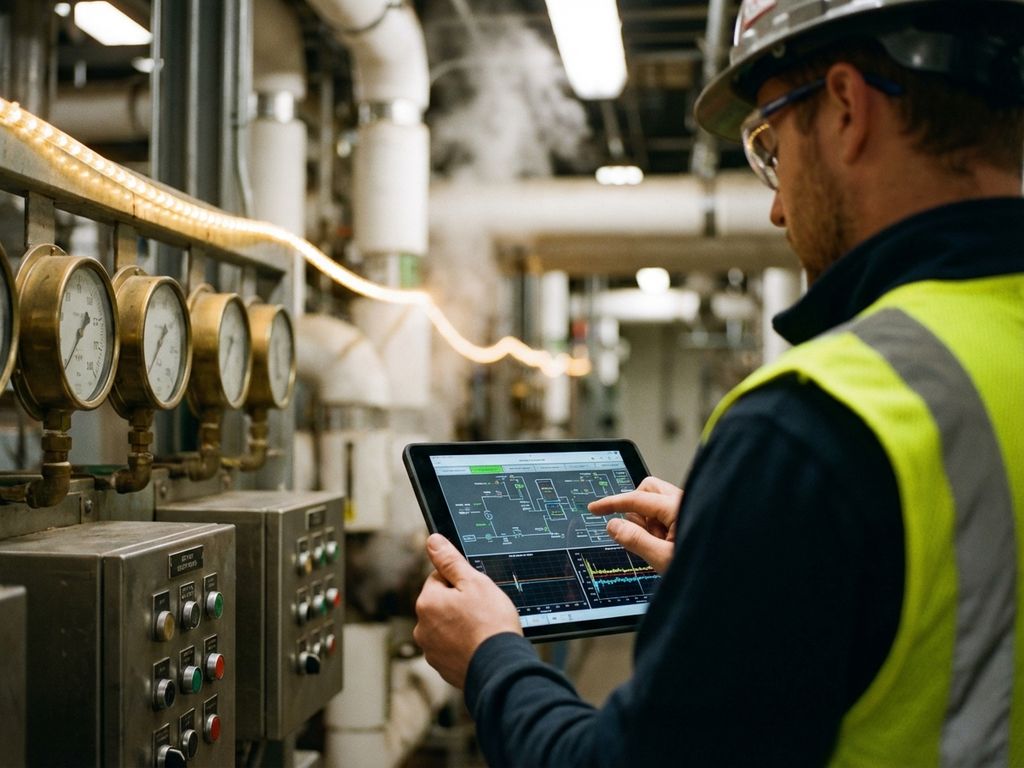 Procesoperator in veiligheidsuitrusting bekijkt digitale tablet naast analoge meters in moderne fabriek