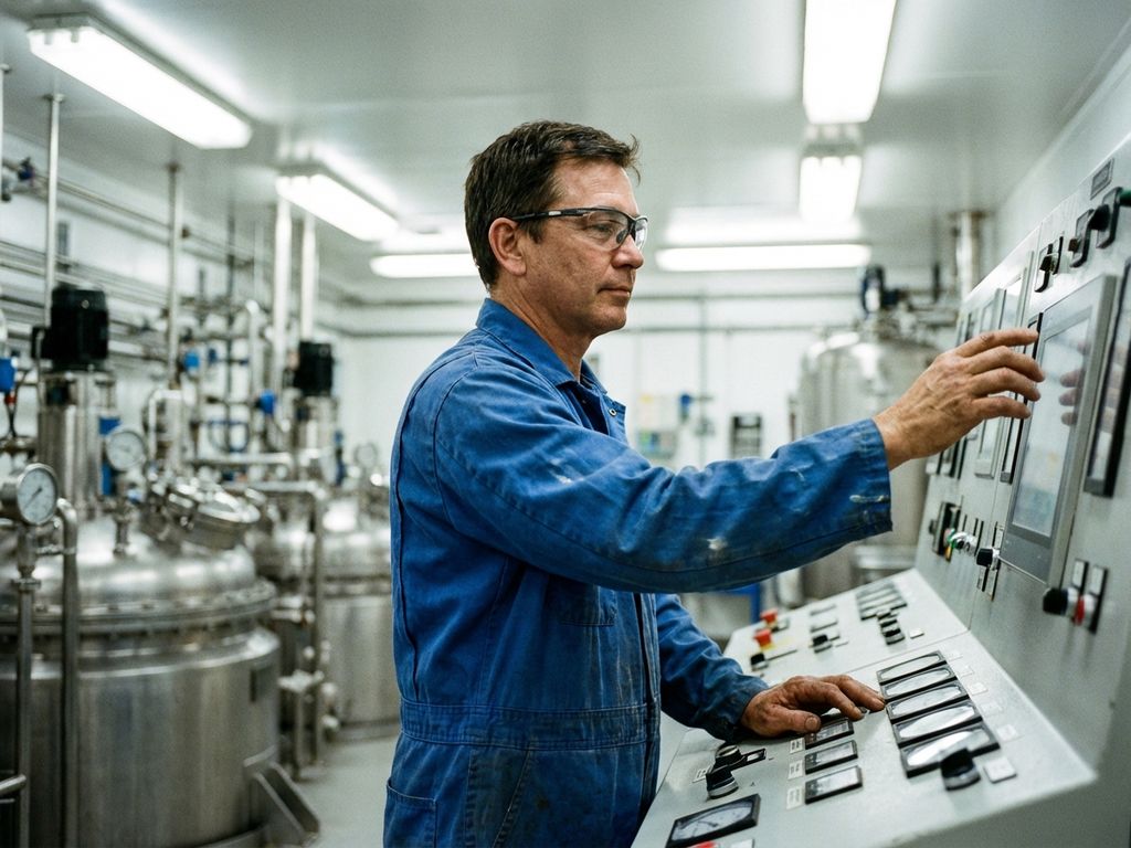 Procesoperator in blauwe overall bedient industriële controlepanelen met precisie in chemische fabriek