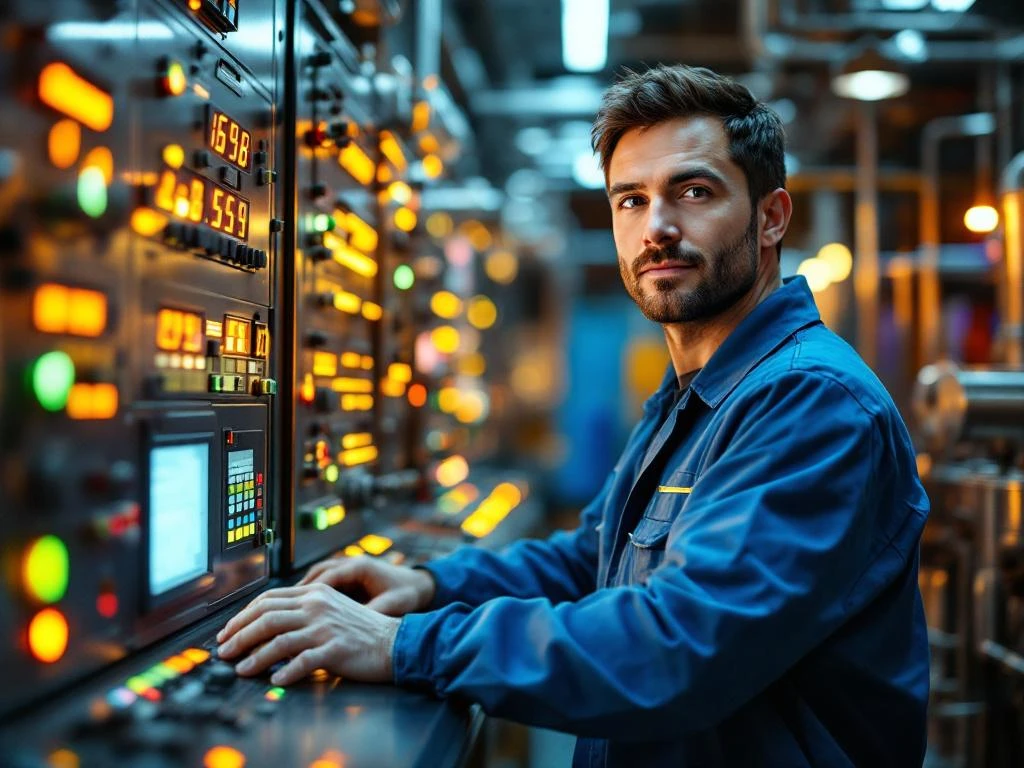 Procesoperator in blauwe overall bedient industriële controlepanelen met digitale displays in moderne fabriek
