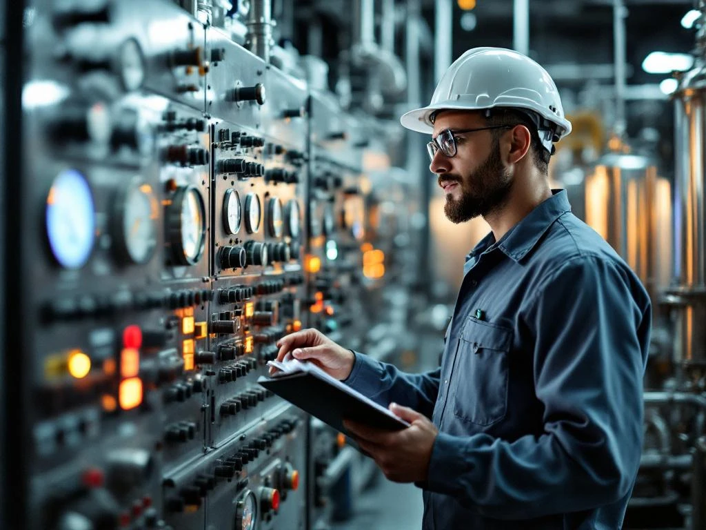 Procesoperator in uniform bedient controlepanelen en meters in moderne chemische fabriek met stalen leidingen