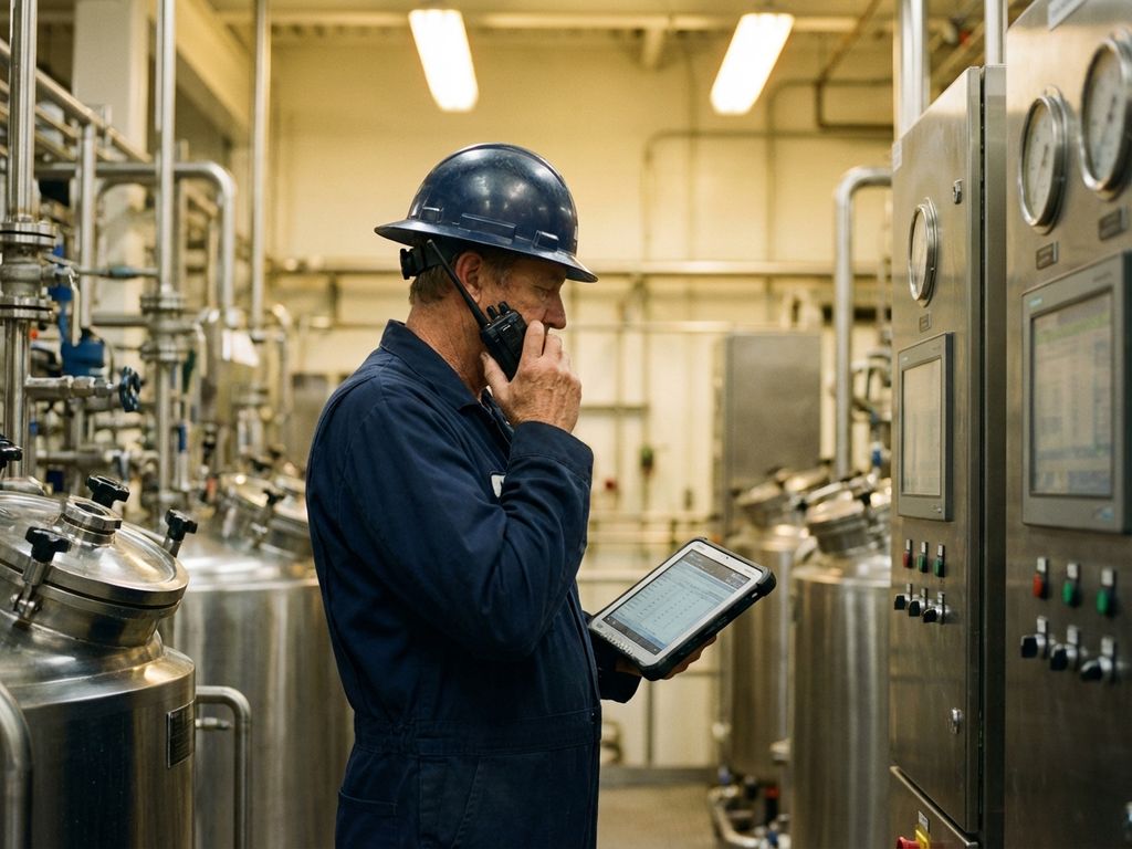 Procesoperator in marineblauwe overall gebruikt radio en tablet bij industriële apparatuur met pijpen en bedieningspanelen
