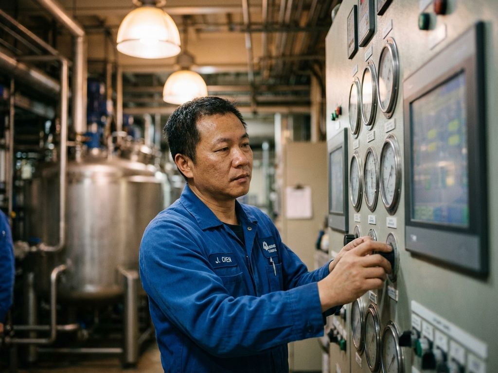 Procesoperator in blauwe uniform bedient industriële controlepanelen in moderne chemische verwerkingsfaciliteit