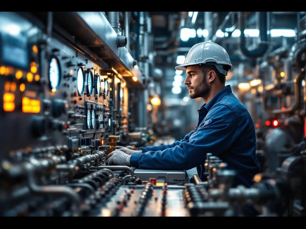 Procesoperator in blauwe overall bedient industriële controlepanelen en kleppen in moderne fabriek met roestvrijstalen leidingen