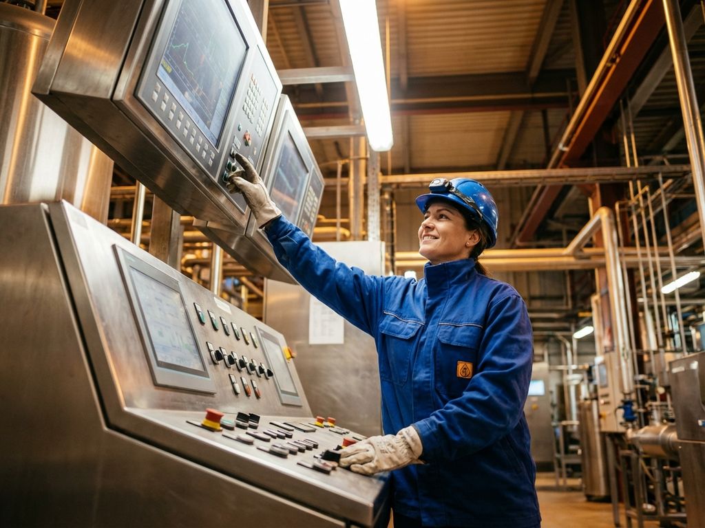 Procesoperator in blauwe werkkleding bedient controlepaneel in moderne industriële faciliteit met gouden verlichting