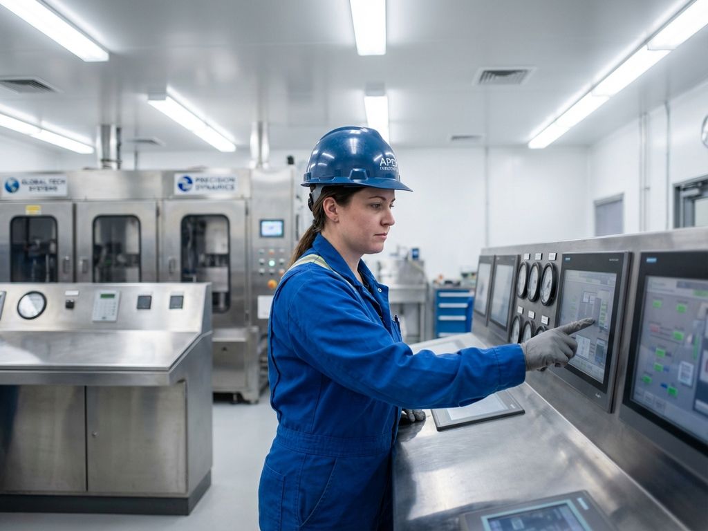 Procesoperator in werkkleding controleert bedieningspanelen in moderne industriële faciliteit met roestvrijstalen apparatuur