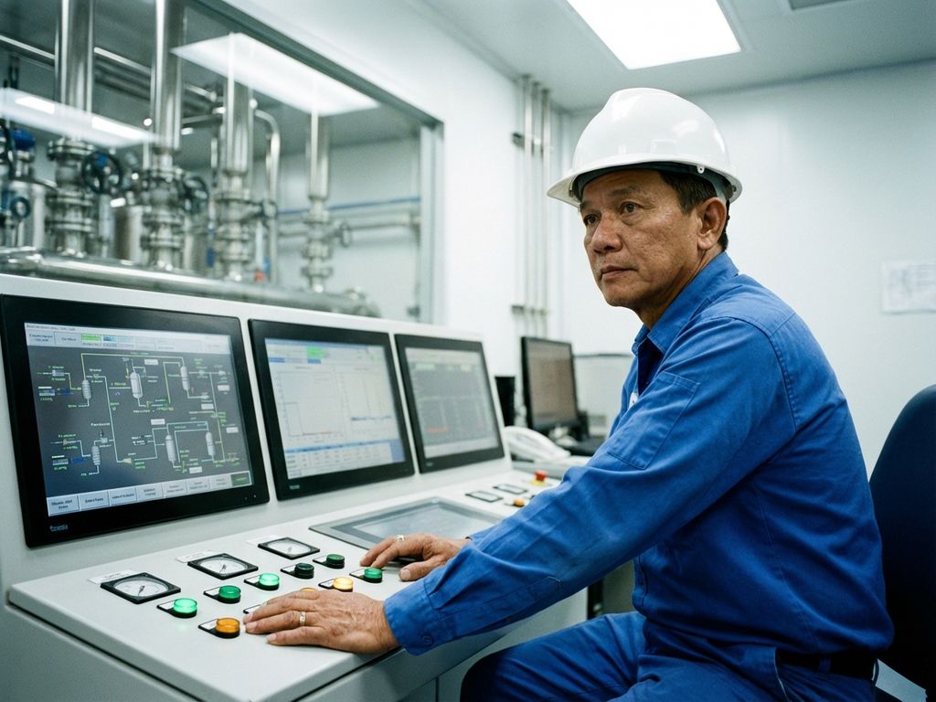 Procesoperator in blauwe uniform bedient digitale controlepanelen in industriële controlekamer met stalen leidingen