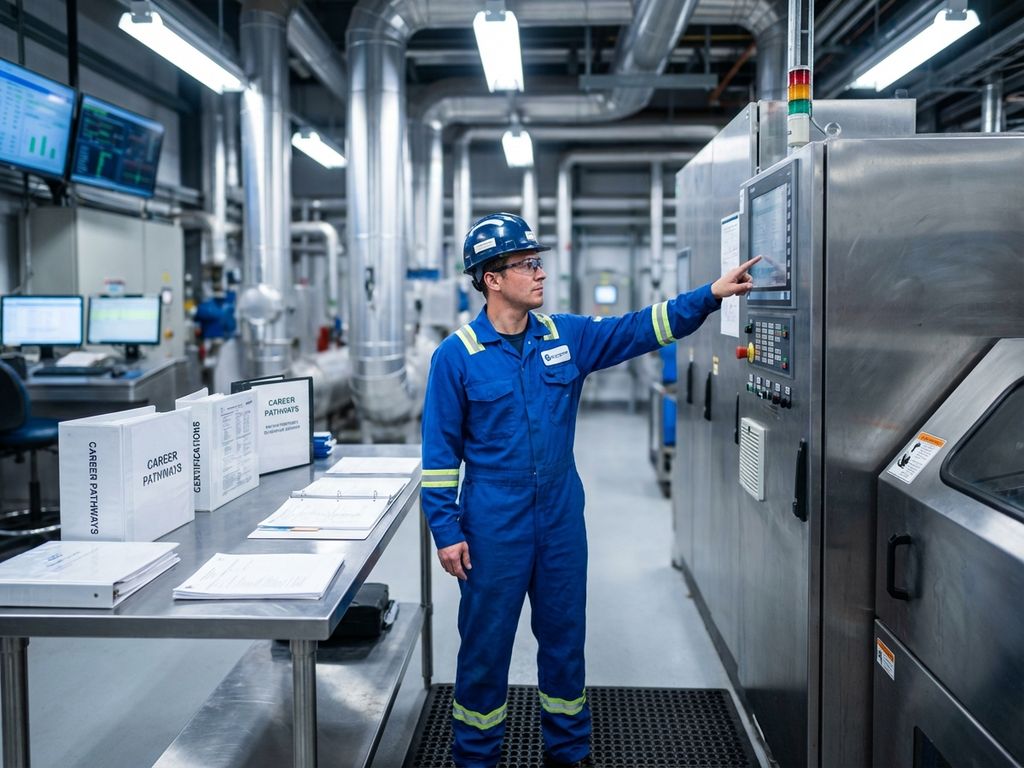 Procesoperator in blauwe werkkleding onderzoekt controlepanelen, certificeringsdocumenten op werkstation, industriële omgeving