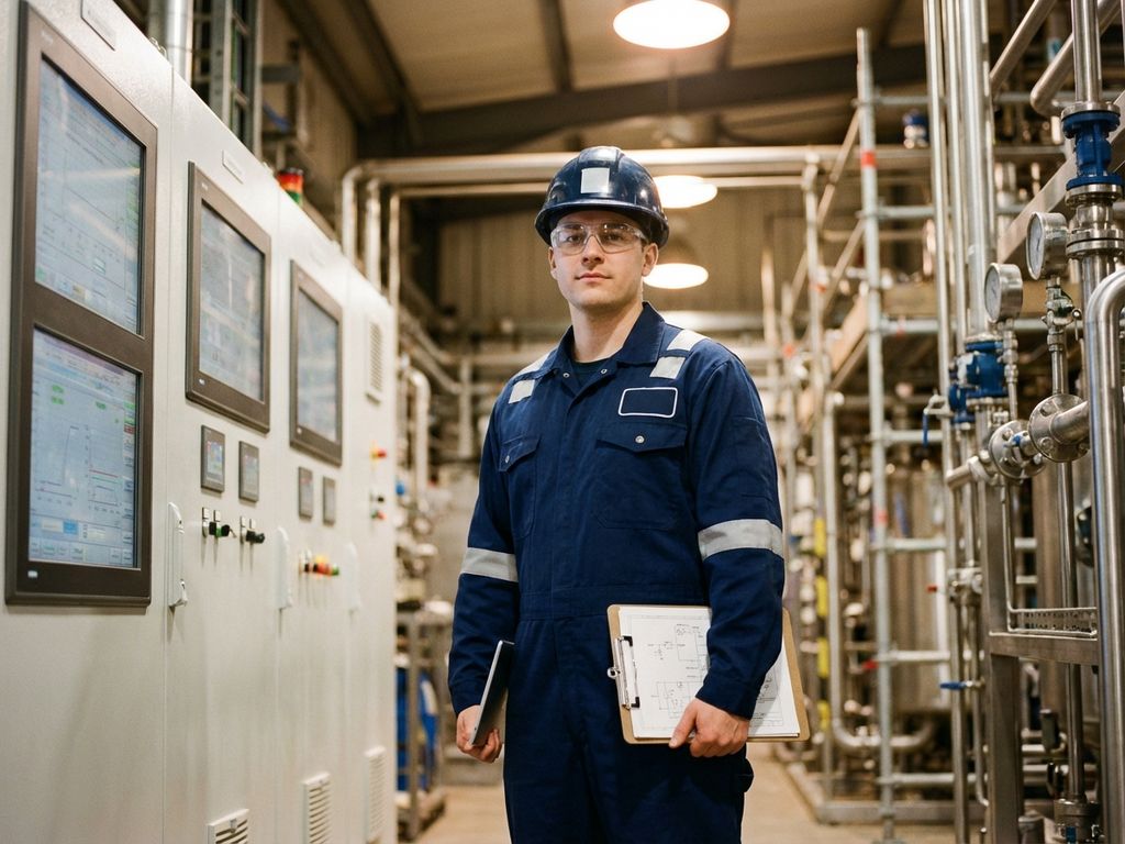 Procesoperator in industriële uniform bestudeert technische documentatie bij controlepanelen in moderne fabriek