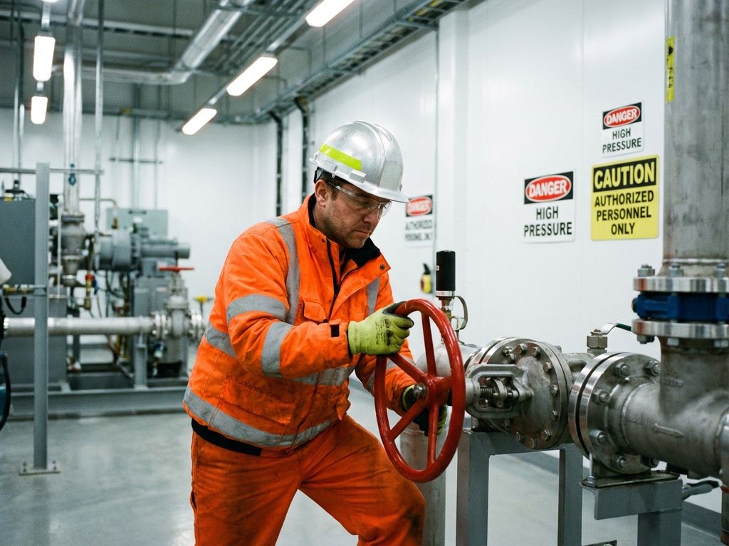 Procesoperator in oranje veiligheidskleding past industriële regelkleppen aan op stalen pijpleidingsysteem