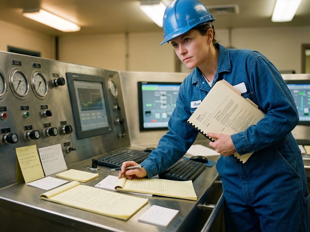 Procesoperator in blauwe overall bekijkt cv bij industrieel controlepaneel met interviewnotities en monitorschermen