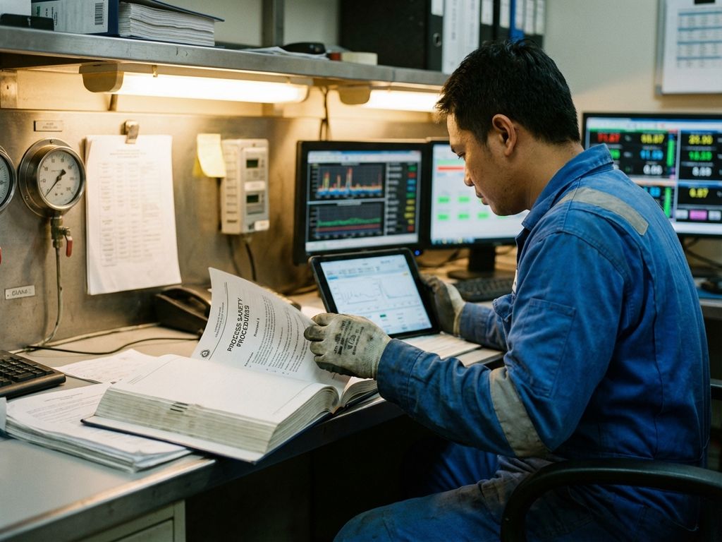 Procesoperator in blauwe werkkleding bestudeert technische handleidingen en tablet bij industriële controlekamer