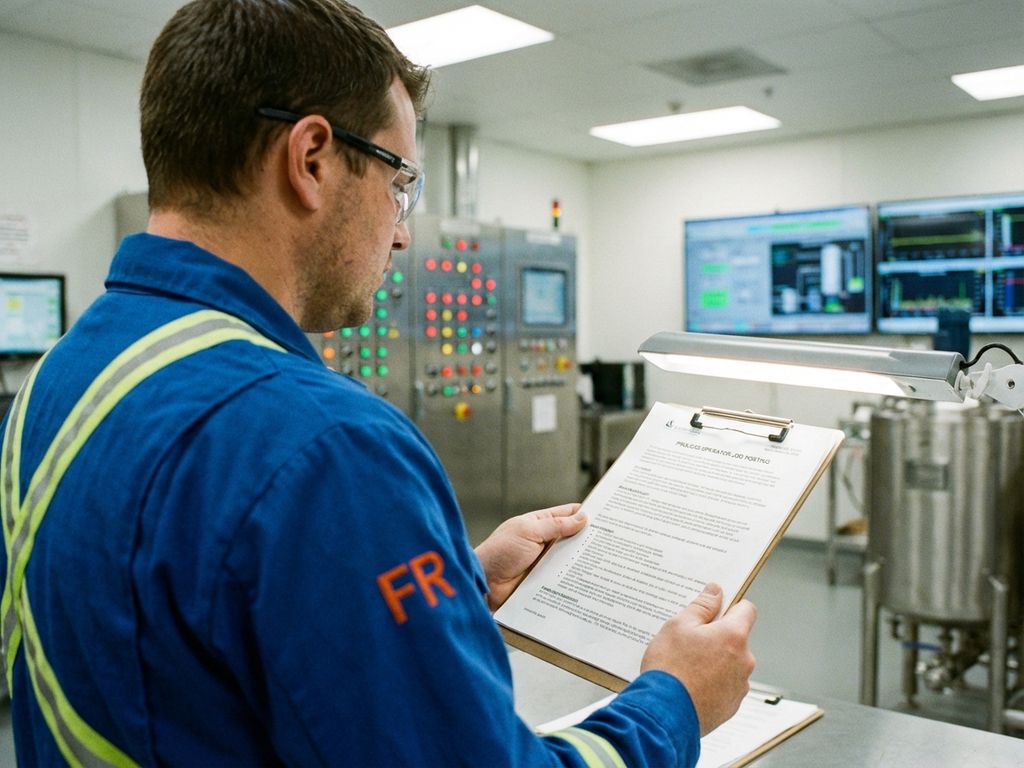 Procesoperator in industriële werkkleding bestudeert vacature aan moderne werkplek met controlepanelen op achtergrond