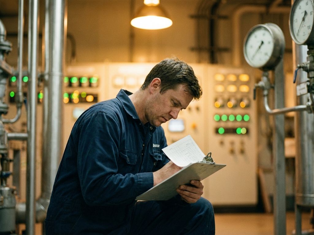 Procesoperator in blauwe overall controleert veiligheidslijst bij industriële bedieningspanelen met verlichte indicatoren