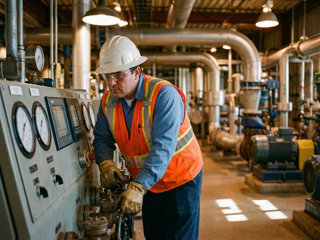 Procesoperator in veiligheidsuitrusting controleert industriële apparatuur in productiefaciliteit