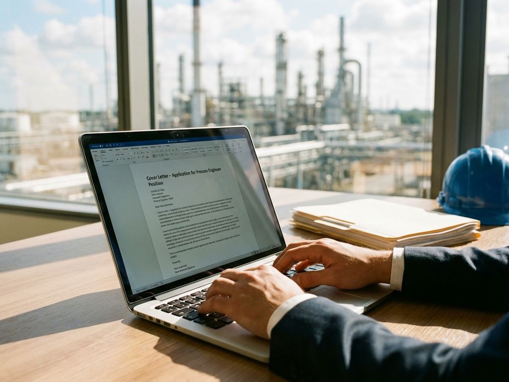 Professionele handen typen sollicitatiebrief op laptop met blauwe helm en fabriek op achtergrond
