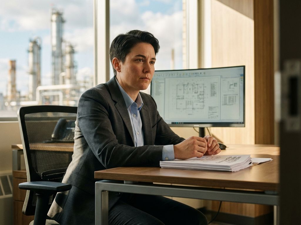 Professionele persoon in pak bekijkt industriële documentatie aan modern bureau met technische diagrammen op monitor
