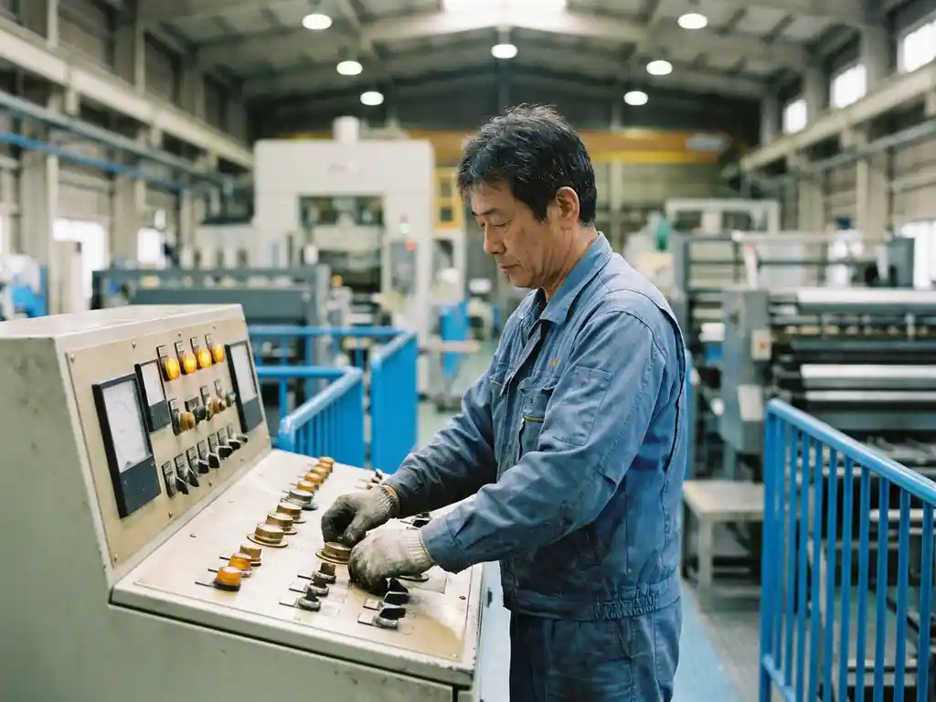 Operator in blauw werkpak bedient precisiedraaiknoppen op groot industrieel controlepaneel in moderne productiefaciliteit.