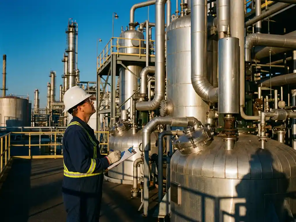 Operator in witte helm inspecteert industriële reactoren en leidingen bij een chemische fabriek in het late middaglicht.
