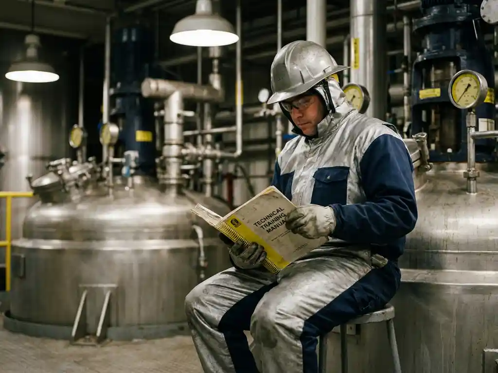 Chemische plant operator in beschermende uitrusting bestudeert technisch trainingshandboek naast industriële reactorvaten en drukmeting instrumenten.