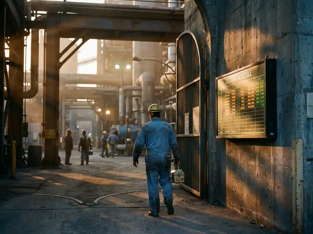 Fabrieksmedewerker in blauwe overall en helm bij ingang industriële plant bij zonsopgang, dienstroosters bord op betonnen muur.
