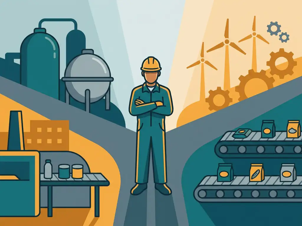Fabrieksoperator in beschermende uitrusting op kruispunt van chemische, energie- en voedingsindustrieën, vlakke vectorillustratie.