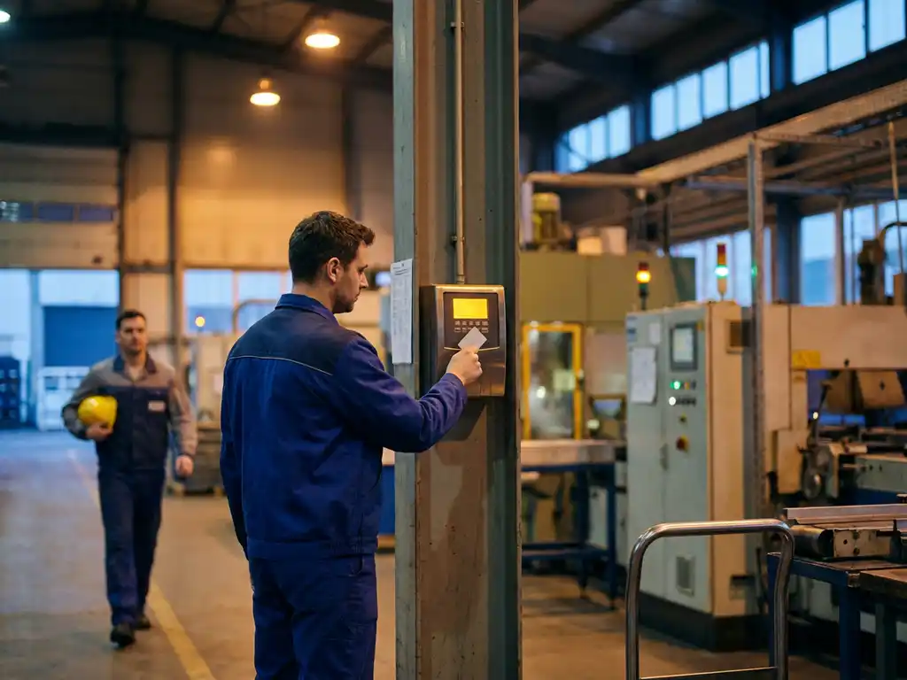 Fabrieksmedewerker in blauw uniform klokt uit bij digitaal tijdregistratiepaneel tijdens ploegwissel, collega met veiligheidshelm op de achtergrond.