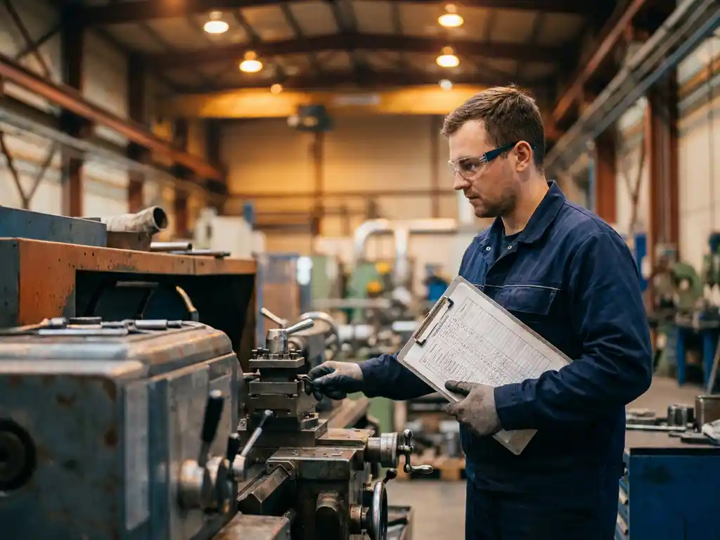 Fabrieksmedewerker bekijkt dienstrooster op klembord naast industriële machines op productievloer, warm amberkleurig licht.