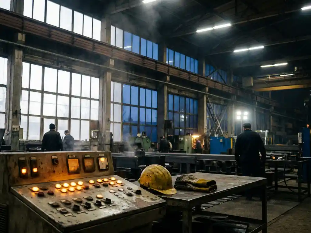 Industrieel controlepaneel met ambergloed op fabriekswerkvloer, veiligheidshelm en handschoenen op stalen oppervlak, ramen tonen dag en nacht.