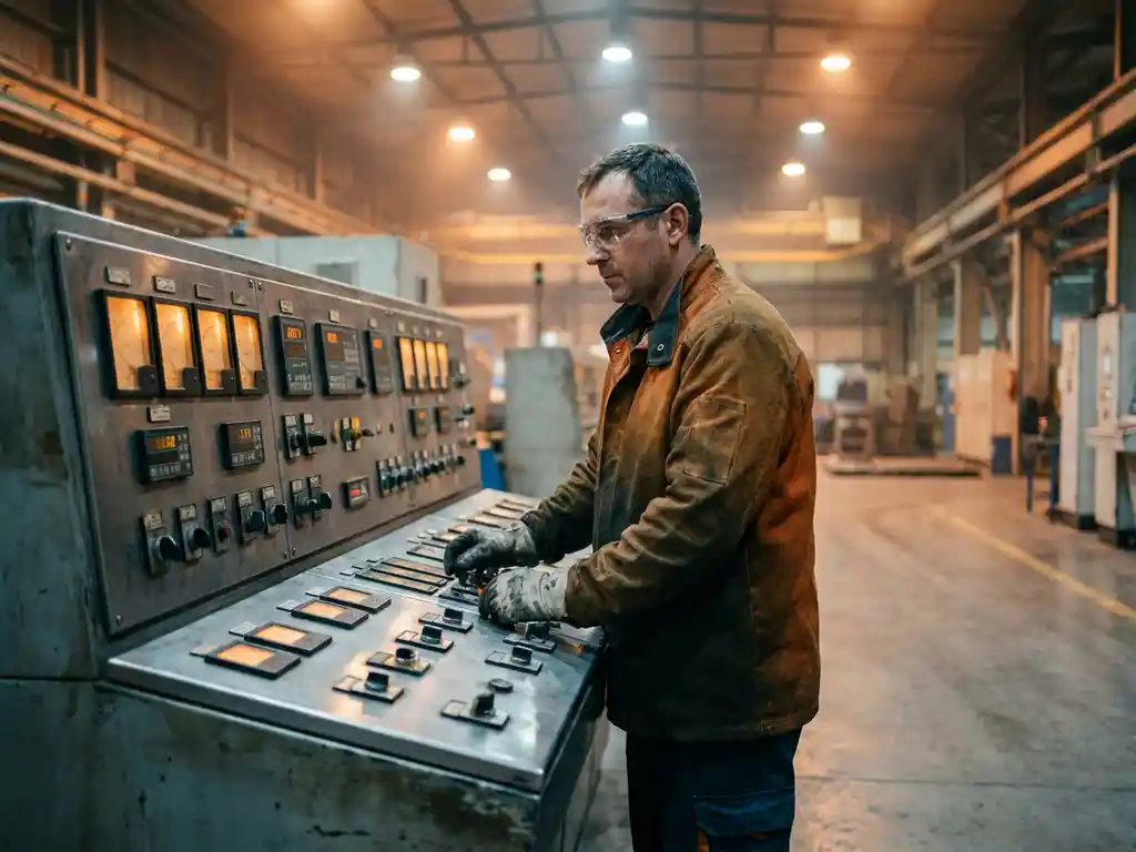 Technisch operator in werkkleding bij industrieel controlepaneel met meters en schakelaars op schone fabriekshal vloer.
