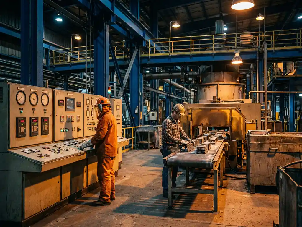 Procesoperator in beschermende uitrusting bij industriële controlepanelen, naast een fabrieksmedewerker die componenten assembleert op de productievloer.