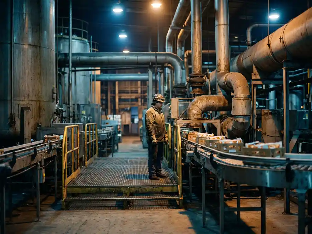 Industrieel operator in beschermende uitrusting tussen stalen pijpen, chemische tanks en transportbanden in grote productiefaciliteit.