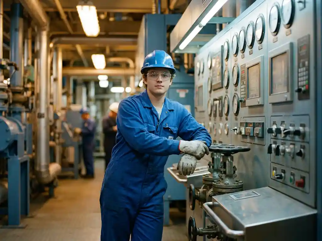 Jonge operator in beschermende kleding bij industriële bedieningspanelen en kleppen in een verwerkingsinstallatie.