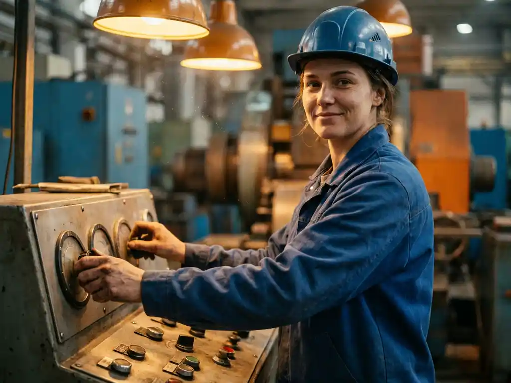 Jonge fabrieksmedewerker bedient industrieel controlepaneel met schakelaars en knoppen, warme amberverlichting op productiевloer.