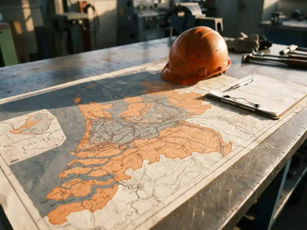 Topografische kaart van Nederland op stalen werkbank met veiligheidshelm en klembord van een procesoperator.