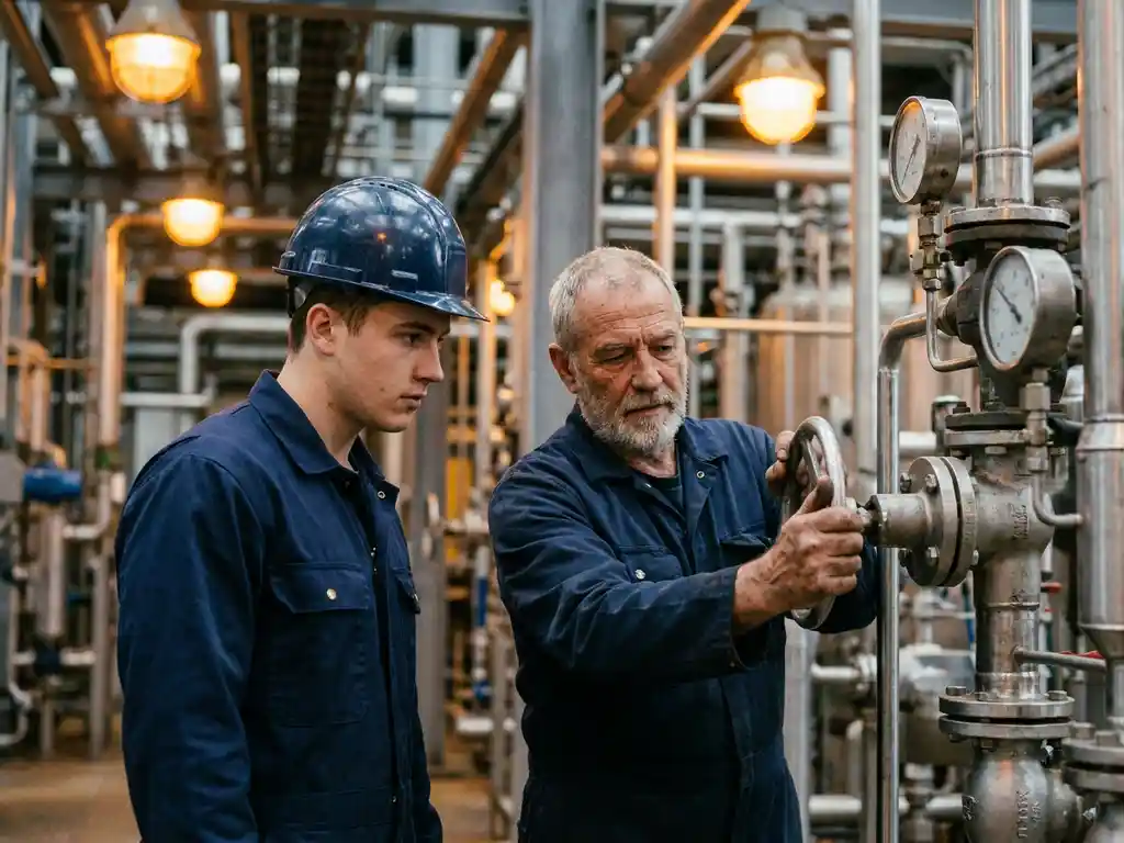 Jonge stagiair in marine werkkleding observeert ervaren operator bij het afstellen van kleppen op industrieel leidingsysteem.