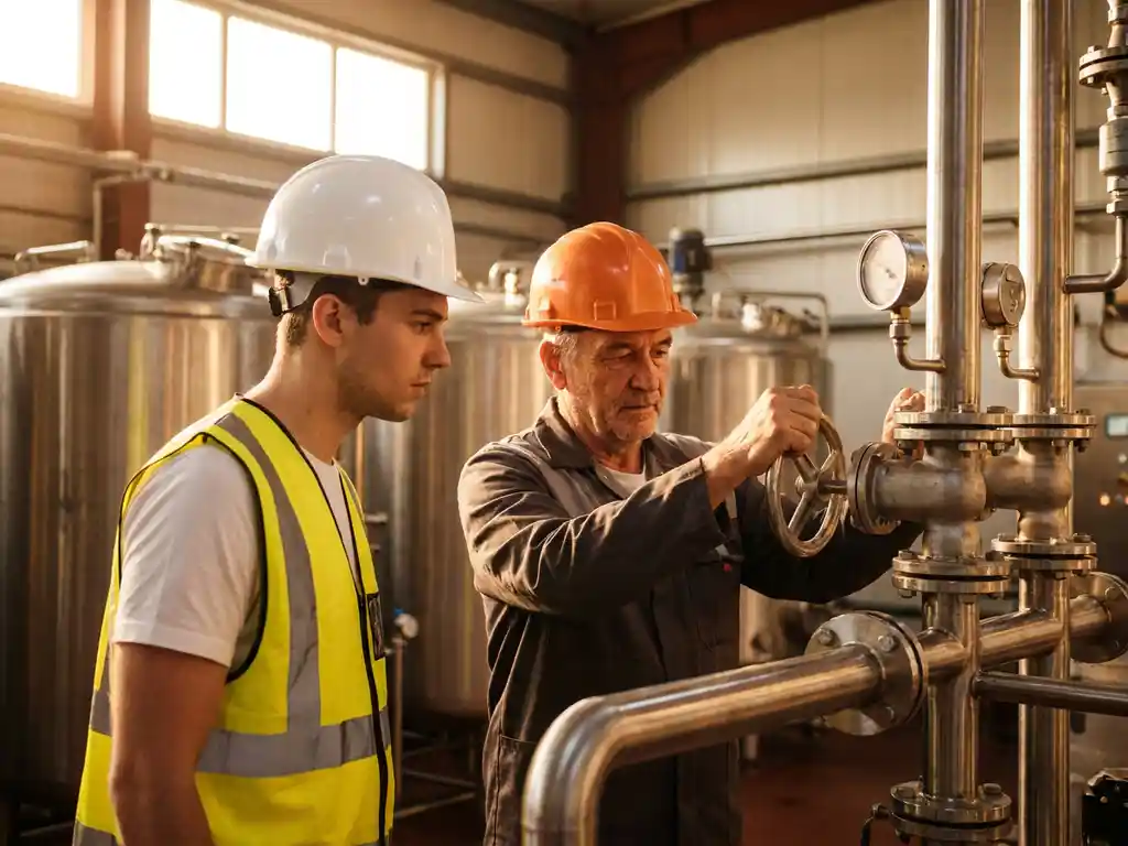 Jonge stagiair in witte helm en veiligheidsvest observeert senior operator bij het afstellen van kleppen op industrieel leidingsysteem.