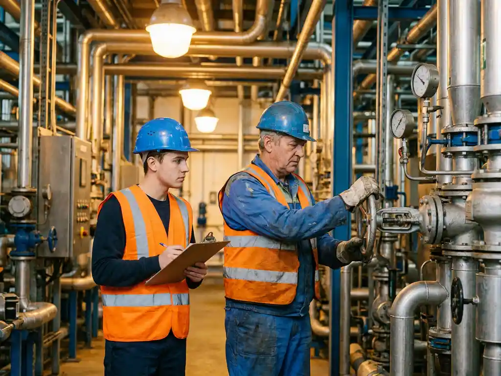Jonge stagiair met helm en veiligheidsvest observeert ervaren procesoperator bij het afstellen van industriële pijpkleppen in een chemische fabriek.