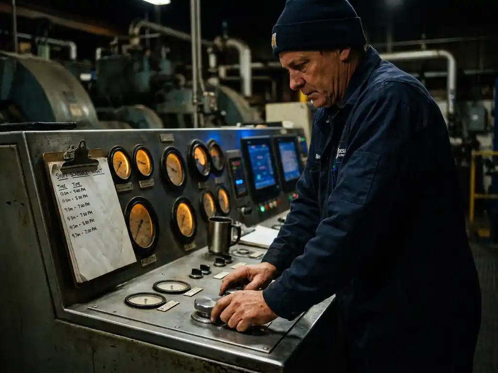 Industriële operator die 's nachts verlichte controlepanelen en meters bewaakt in een donkere fabriek.